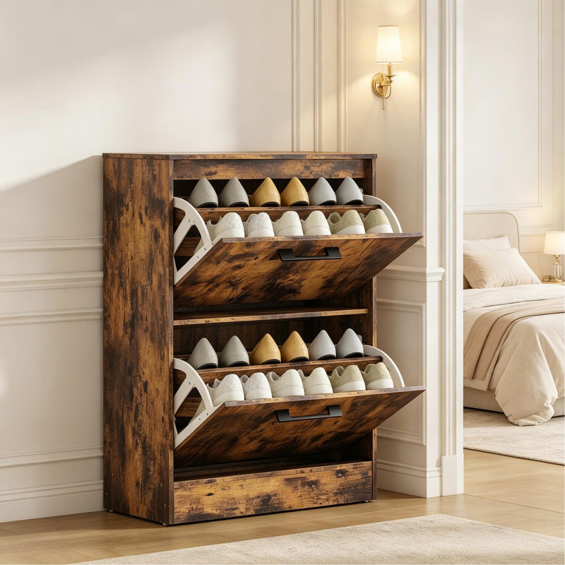 Armoire à chaussures 2 tiroirs rabattables avec diviseurs réglables, Brun rustique