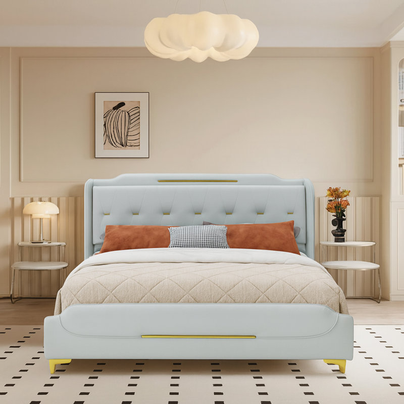 Lit plateforme tapissier en cuir de polyuréthane moderne très grand - aucun sommier nécessaire, gris, Très grand