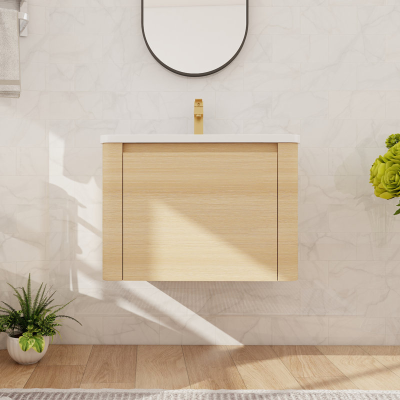 24''/28'' Single Floating Bathroom Vanity With Ceramic Sink, Wall Mounted Bathroom Vanity With 1 Soft Close Door, 28", Beige
