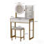 Petit bureau de coiffeuse avec miroir et lumières, coiffeuse de maquillage avec miroir à DEL, 3 modes d'éclairage, prise de courant, tiroir, tablettes ouvertes et tabouret rembourré pour la chambre à coucher (blanc et doré)-173639958