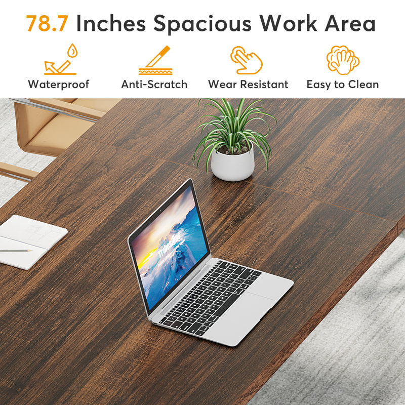 Metal Base Computer Desk, Rustic Brown, 75Cm H x 200Cm W x 70Cm D, White