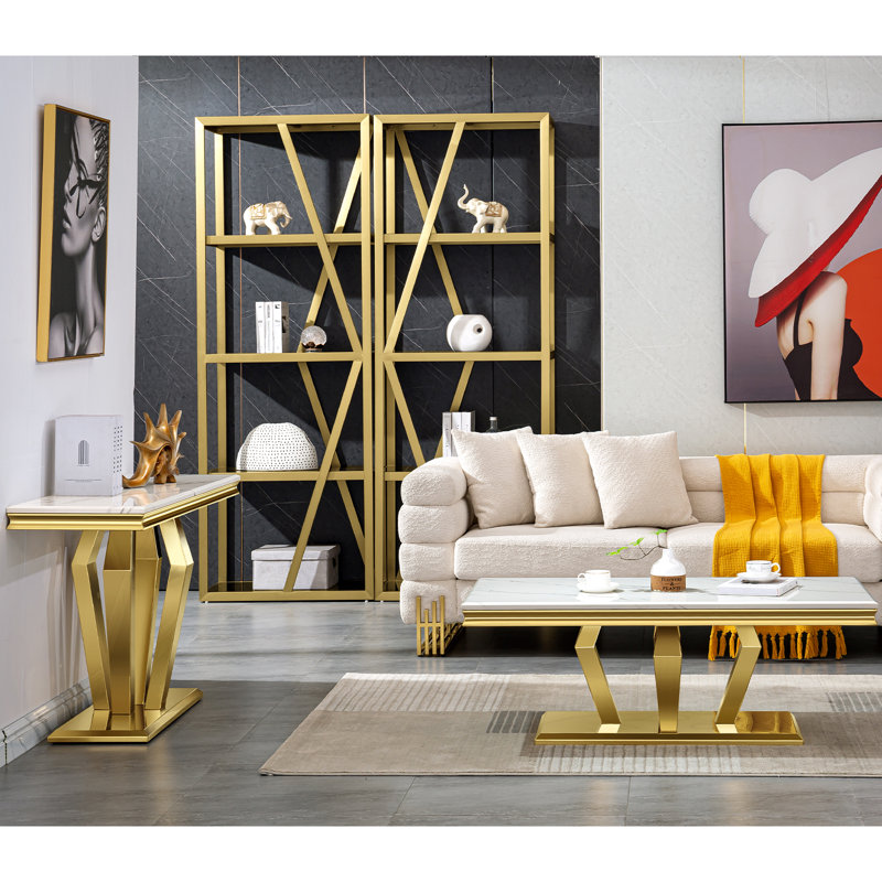 Luxurious Coffee Table And Console Table, 2-Piece White And Gold Living Room Table Set With Diamond-Shaped Base