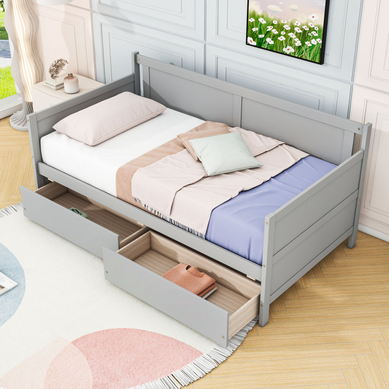 Twin Size Wooden Daybed with Integrated Storage Drawers and Slats, Gray