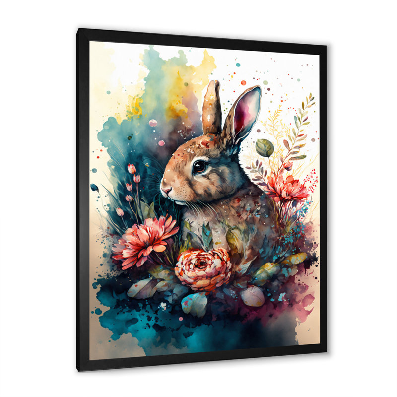 «Cute Rabbit Floral Art I», reproduction d'art sur toile, L 24 po x H 32 po, Impression noire sur toile encadrée