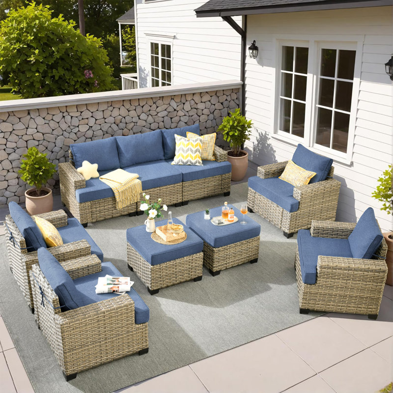 9 - Person Patio Furniture Set with Chairs, Outdoor Wicker Rattan Sectional Seating Group with Cushions, All Weather Sofa Conversation Set with Ottomans for Garden Backyard