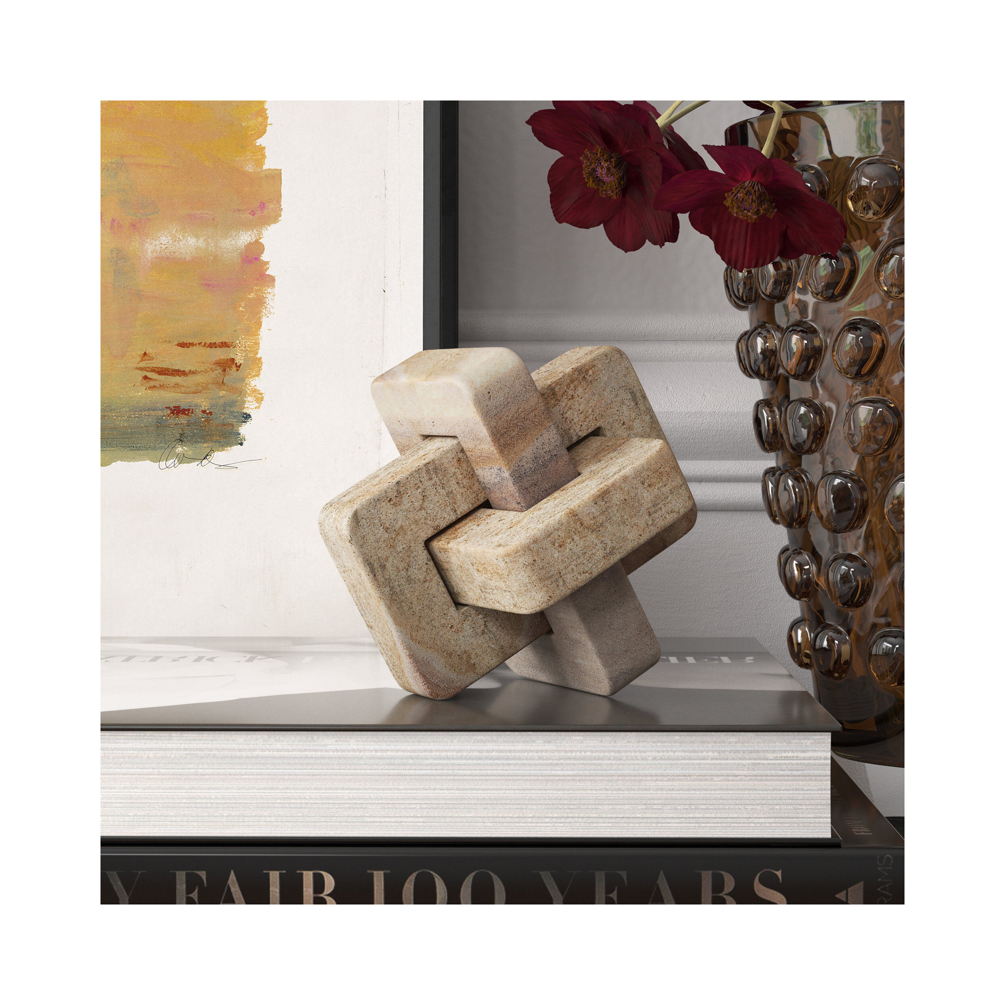 5" Marble Geometric Orb - Contemporary Abstract Interlinking Geometric Shape - 5" x 5" x 5", Brown