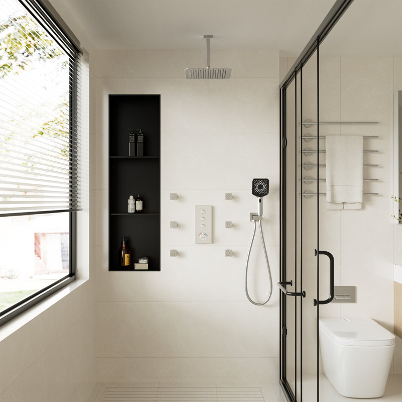 3 Functions 12 Inch Ceiling Mounted Thermostatic Shower System with 6 Body Jets, Brushed Nickel