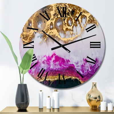 Horloge murale moderne en résine époxy or blanc et fuchia