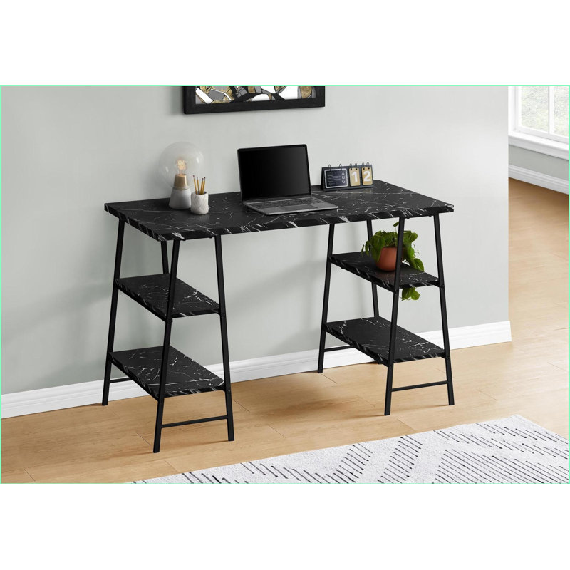 Bureaux, bureau d'ordinateur industriel de 48 po avec tablettes de rangement, plateau en marbre noir stratifié | Noir | Métal