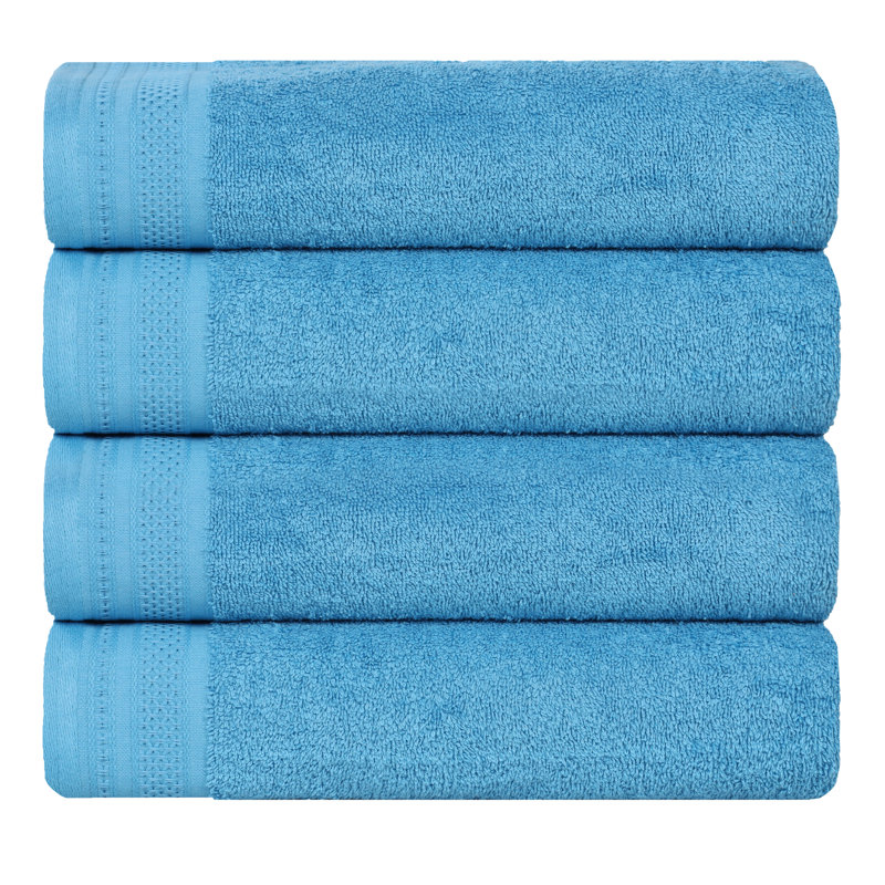 Honeycomb Textured Waffle Border Cotton Medium Weight Bath Towels, Azure