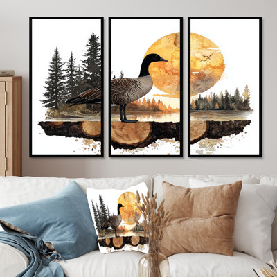 «Goose In Sunrise Forest Lake Landscape», ensemble d'art mural 3 pièces