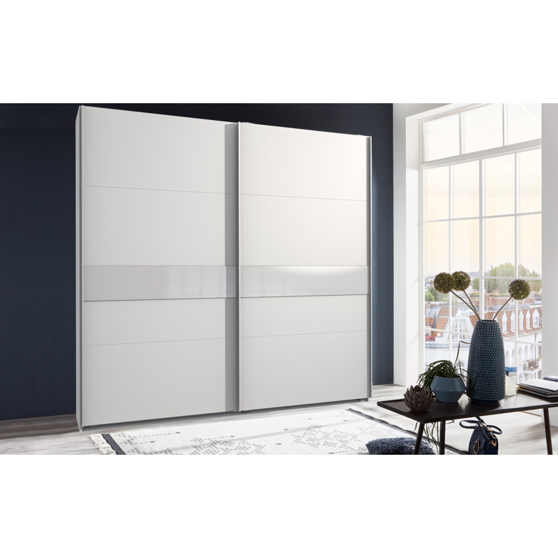 Bakersfield 2 Door Wardrobe, 236cm H x 225cm W x 65cm D, White/Glass White, Standard