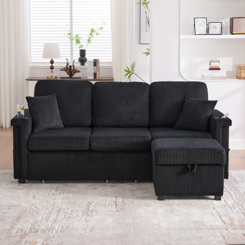 76.39" Reversible L-Shaped Sectional Sofa with Pull-Out Storage, Ottoman & Pillows with USB Charging,Cup Holder for Living Room