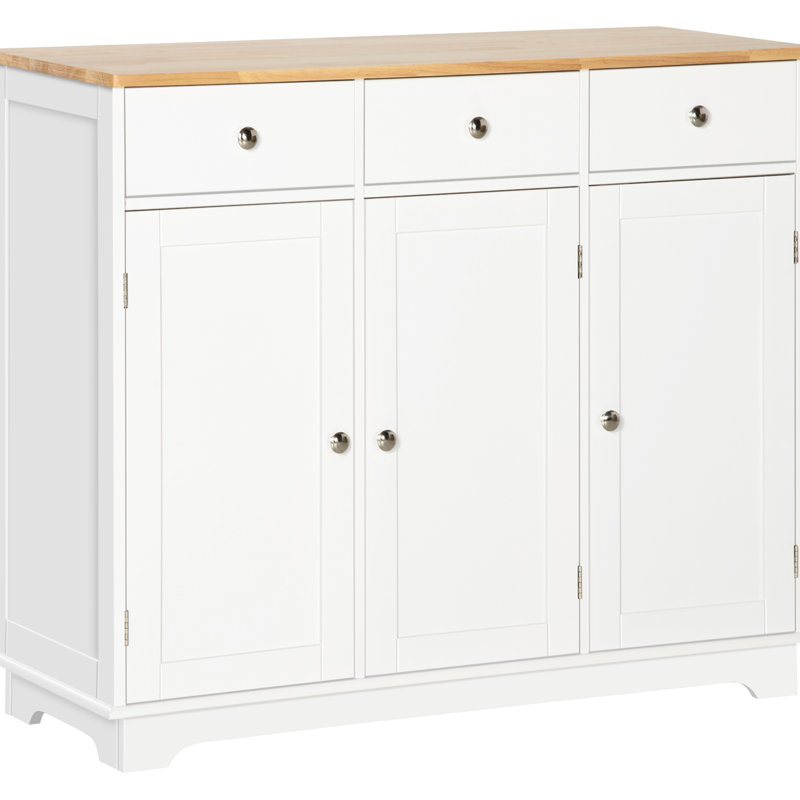 Buffet moderne - Plateau en bois massif, 3 tiroirs, portes, tablette réglable pour un rangement efficace dans la cuisine. Blanc.