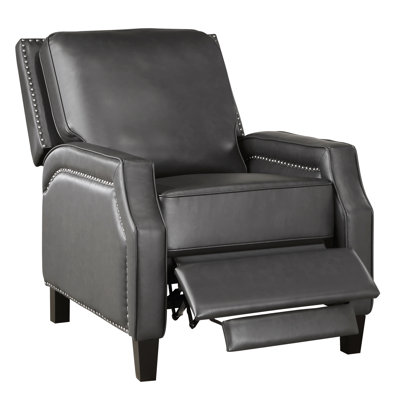 Gray Reclining Living Room Chair, Transitional Design, Black Feet Push Back Chair In Gray, Solid Wood, Attached Cushion