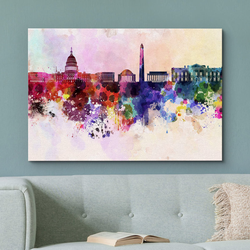 Horizon coloré de Washington City en arrière-plan aquarelle BE03, H 12 po x l 18 po, Toile tendue