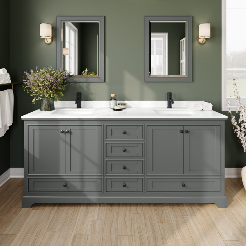 Deborah Double Bathroom Vanity with Quartz Top, White Quartz, Dark Gray, Matte Black