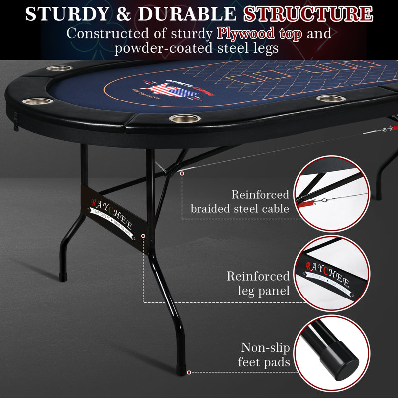 Table de poker pliable à 10 joueurs 84 po RayChee, table de poker Texas Holdem avec rails rembourrés et porte-gobelets, Noir