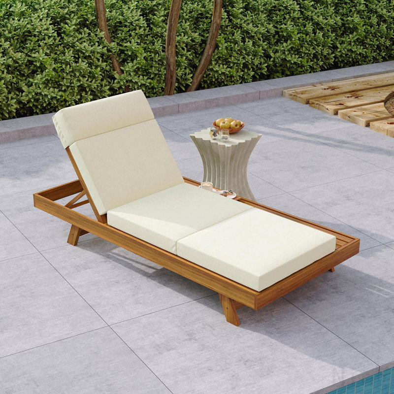 Ensemble de méridienne avec appui-tête, espace disponible sur un côté, bois d'acacia avec coussins de salon résistants à l'eau (beige et 3 fois et 4 pouces)