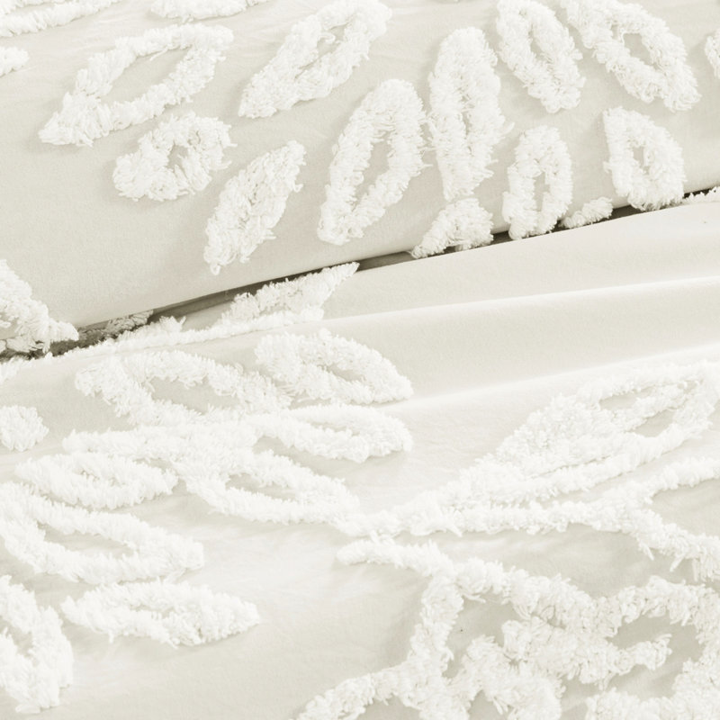 Édredon 3 pièces pour lit très grand / très grand, chenille en coton floral, chambre à coucher,, Off White