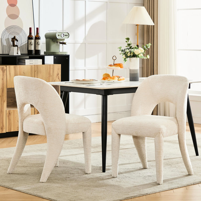 Chenille crème, chaises de salle à manger, de 2, évidé, structure en fer, structure en kd, intérieur, chambre à coucher, chambre, confortable, pratique, 300 livres de style contemporain, utilisation intérieure, siège confortable,