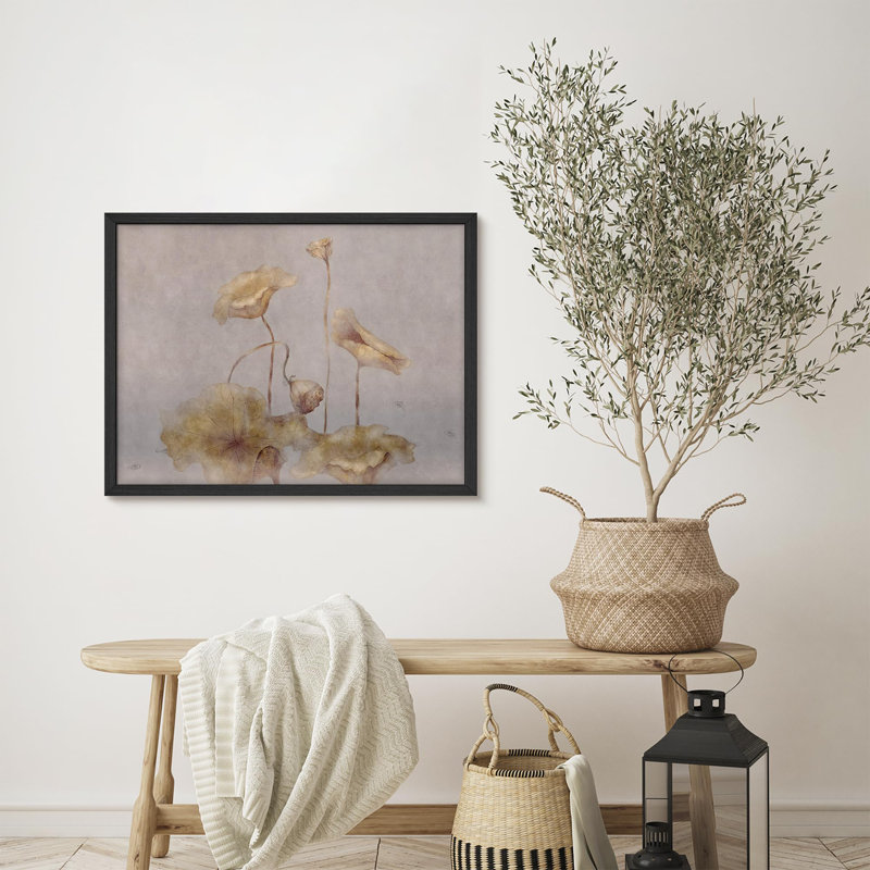 Affiche rétro encadrée de gousses de lotus et feuilles aux tons de terre doux, Blanc, H 11 po x l 14 po