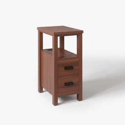 Modern End Table with Charging Station and Dual Drawers for Bedside or Living Room Organization