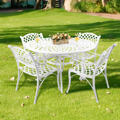 5 Piece Patio Dinning Set, 48" Round Coffee Conversation Table With 4 Chairs, Cast Aluminum Outdoor Bistro Table And Chairs Set Of 4, Patio Table Set With 2.3" Umbrella Hole, white
