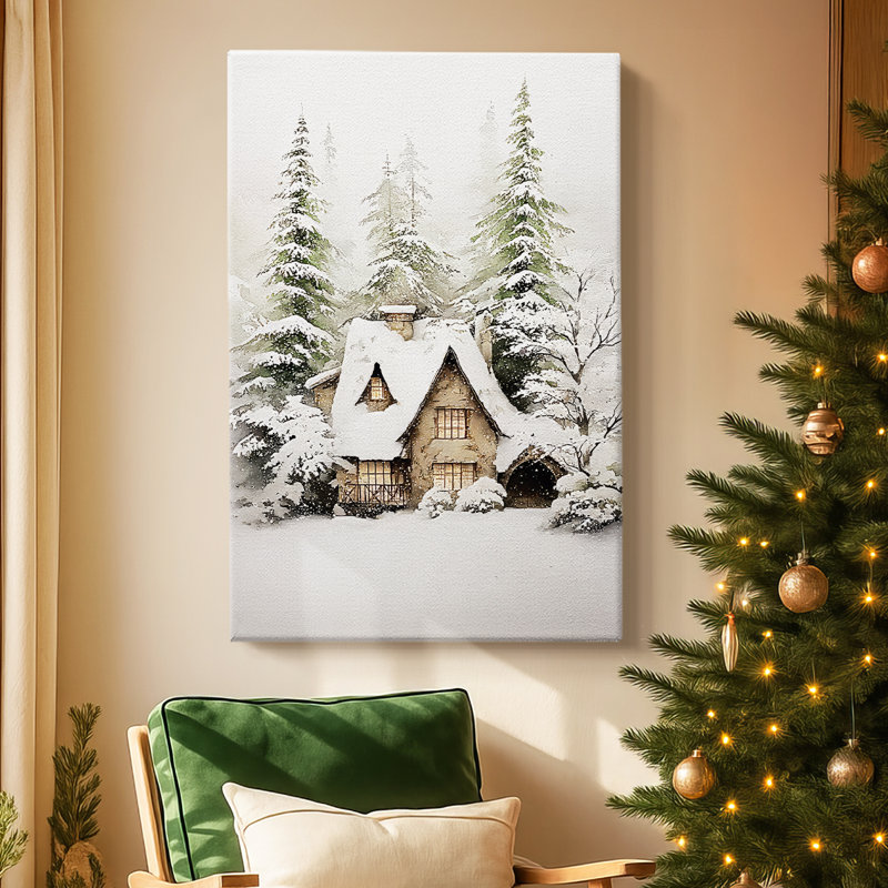 «Frostlit Cottage at Dusk» - Toile tendue avec châssis de qualité supérieure, H 60 po x l 40 po