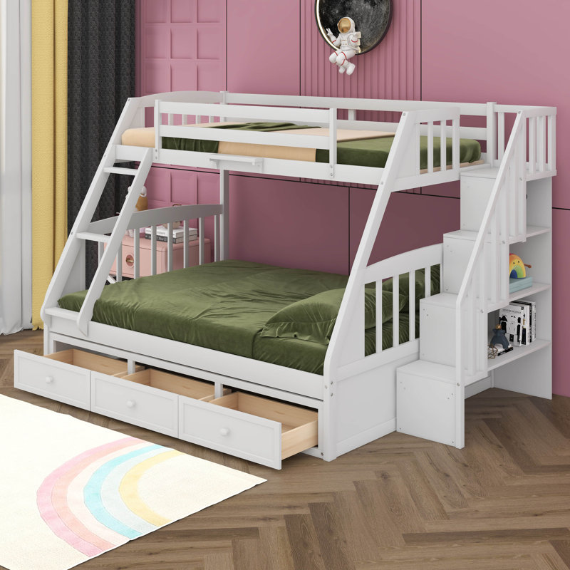 Twin Over Full Bunk Bed With Staircase And Drawers, Solid Wood Bunk Beds With Guardrails & Ladders, Can Be Convertible Into 2 Beds