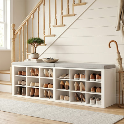 18-Cubby Shoe Storage Bench with Cushion, 400 lbs Capacity Entryway Bench with Linen Seat for Hallway Living Room Bedroom