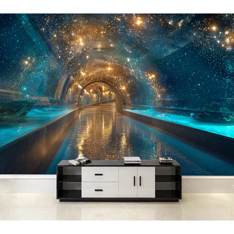 Papier peint adhésif pelez et collez, tunnel de l'océan mystique, étoiles brillantes, eau claire, art mural auto-adhésif et amovible