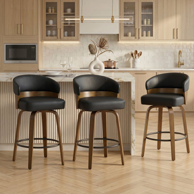 Mid-Century Modern Walnut Bentwood Swivel Bar Stool With Thick Cushioned Seat & 350 Lbs Capacity(Set Of 3)