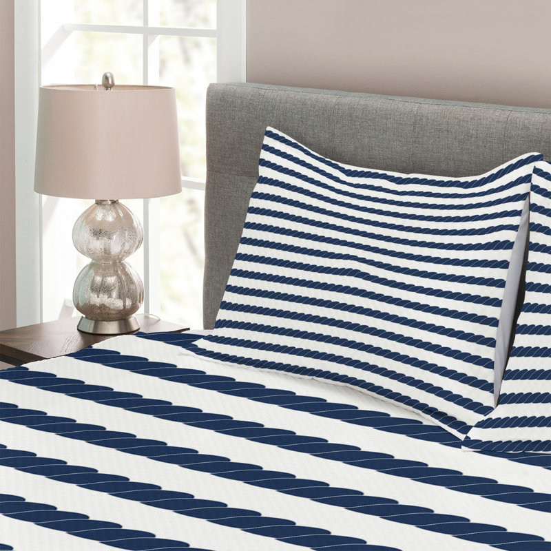 Adolph White/Blue Microfibre Bedspread Set, 220 x 264 cm