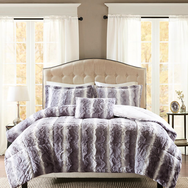 Faux Fur King Comforter , Grey Color, , 100% Fill, 4Pc Grey, ,