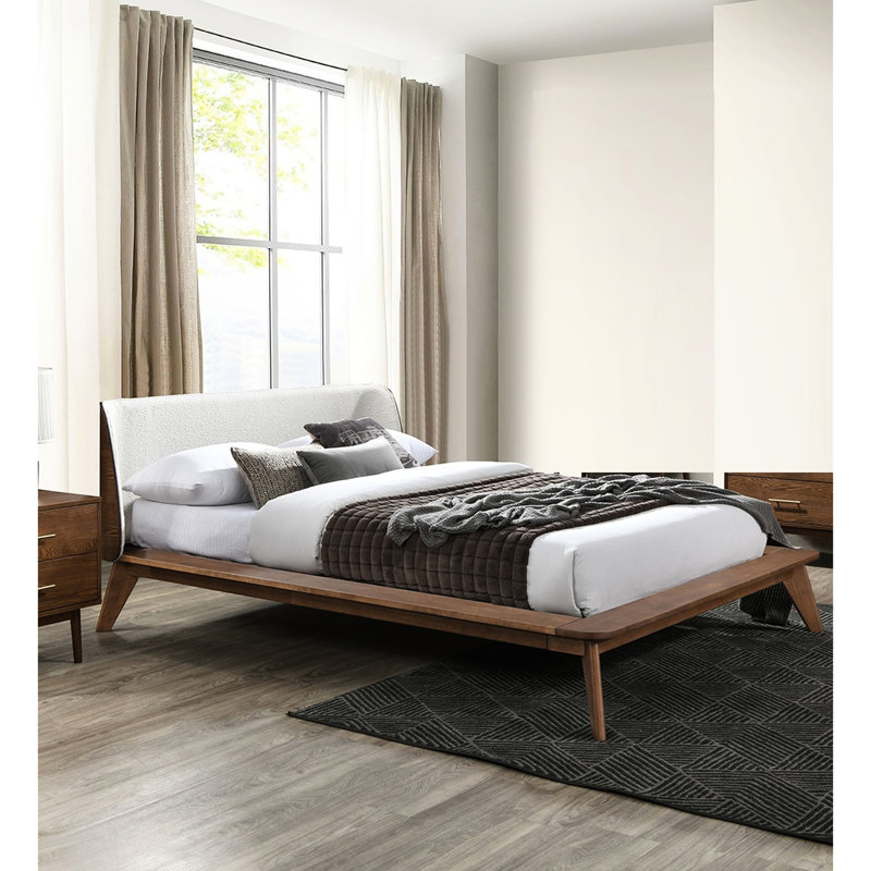 Chambre à coucher de style moderne Mid-Century 3 pièces, grand lit, couleur noyer, matériau bouclé, panneau à oreilles, pieds inclinés effilés, emboîtement de la serrure, système de verrouillage, système prêt pour le matelas, 2 tables de chevet,