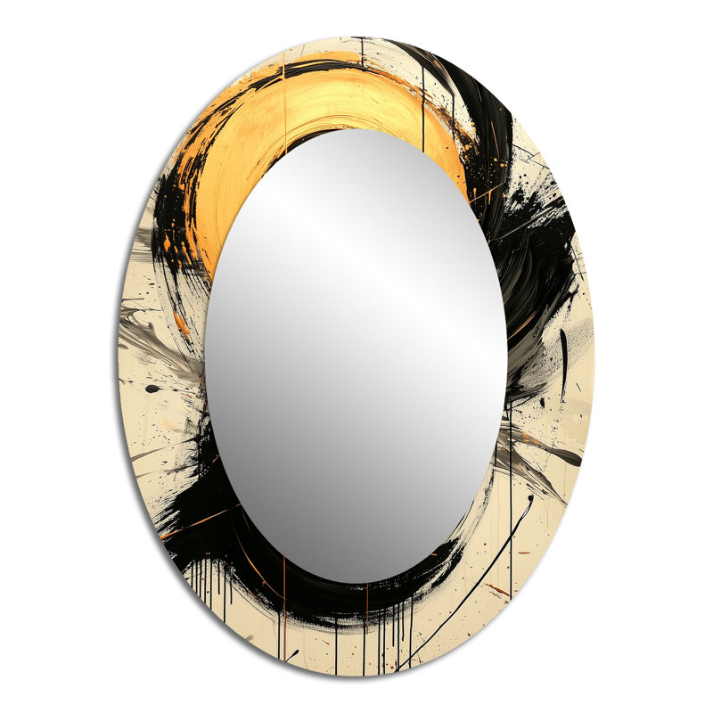 Abstract Circle In Gold And Grey Tones II - Gold Oval Wall Mirror Decor, 40" x 30"