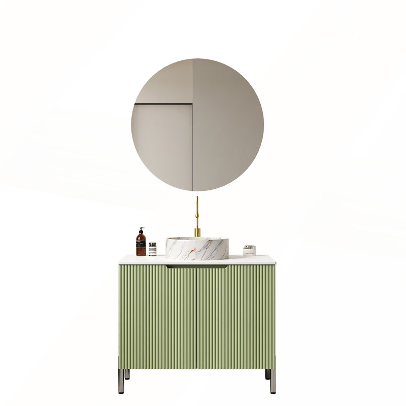 30-Inch Freestanding Bathroom Vanity with White Round Ceramic Basin and Light Green Cabinet, Light Green