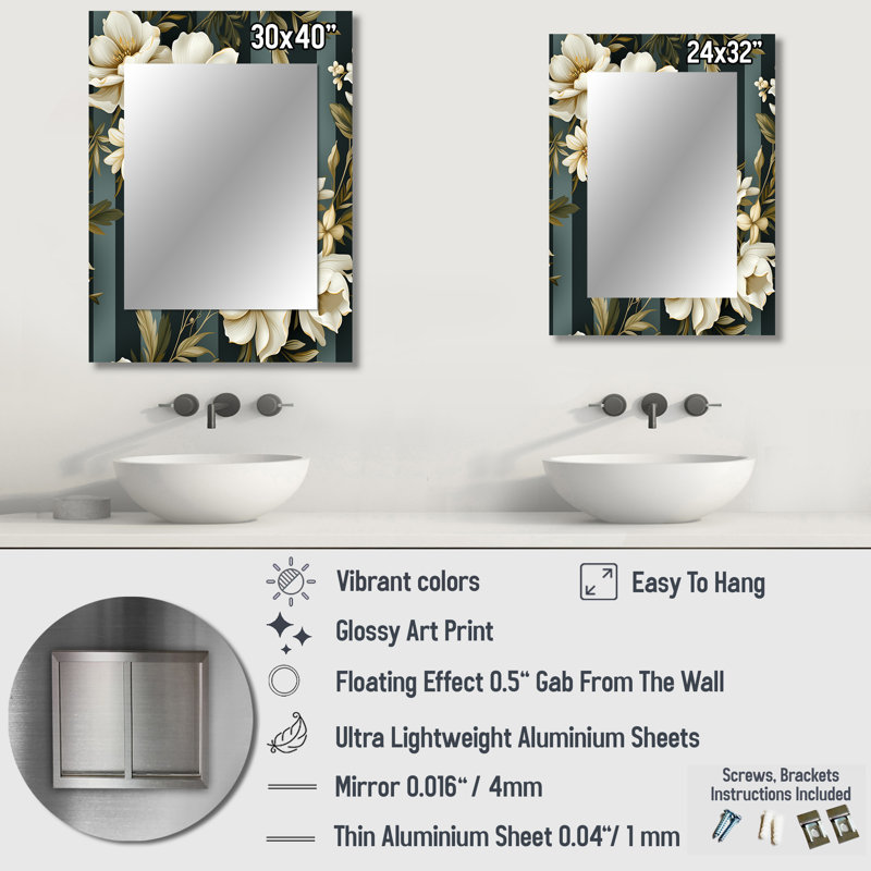 Stephano Classic Elegant Striped Floral Dreamscape - miroir mural rayé, miroir décoratif rétro, impression d'art en métal