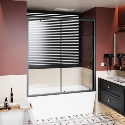 60 In W X 62 H Clear Tempered Glass Single Sliding Shower Door, Black Aluminum, Stainless Steel Handle, Silent Operation, Adjustable Width Design Bathtub 1/5 Inch Thick Glass, Frame, Smooth Slide