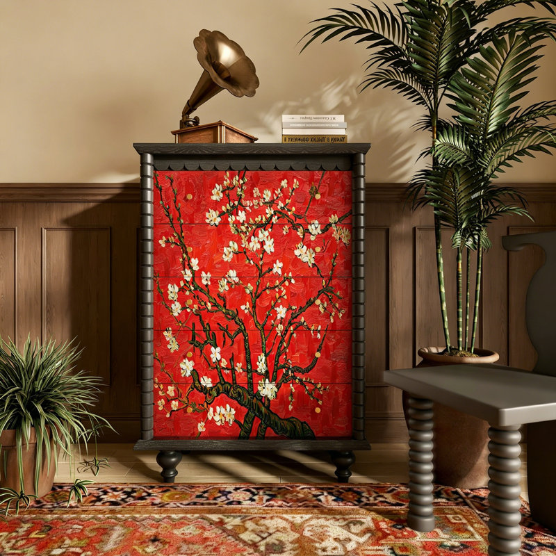Commode 5 tiroirs en bois massif de style chinois, Noir