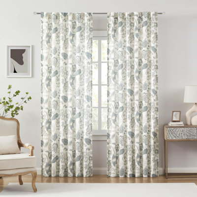 Backtab Rod Pocket Jacobean Floral Semi Sheer Curtains Boho Botanical Leaf Printed Vintage Farmhouse Blue Grey Light Filtering Window Treatment Sets,2 Panels