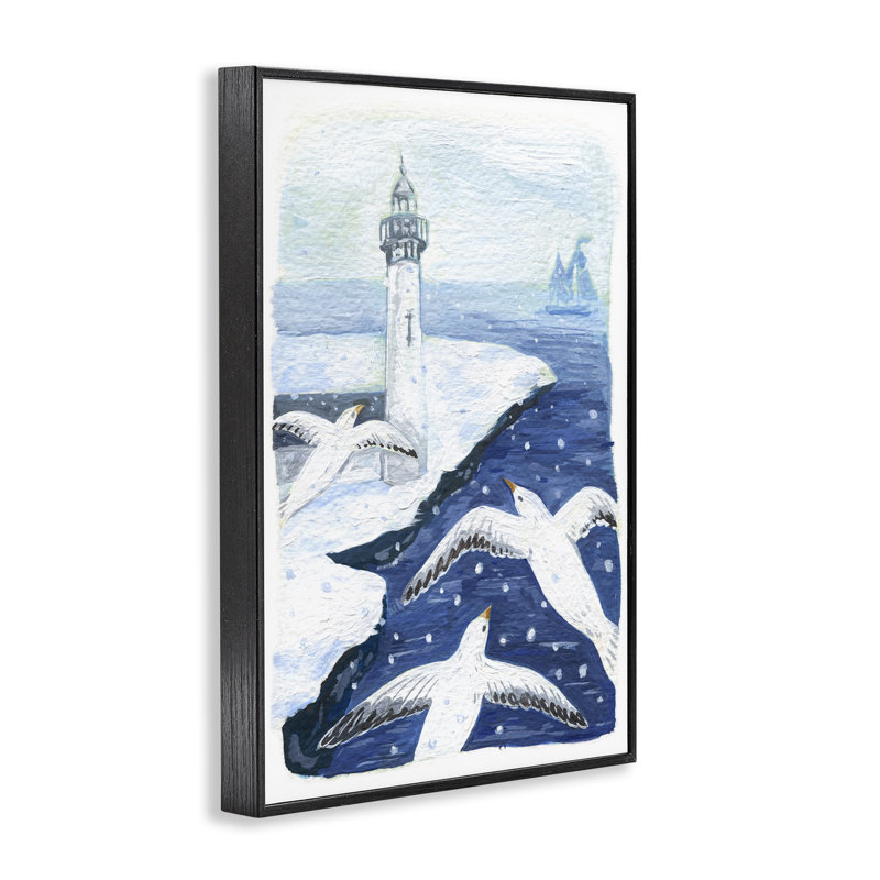 «Snowy Winter Harbor Birds», estampe numérique, design par Hannah Moren, H 18 po x l 12 po, Giclée encadrée noir minuit