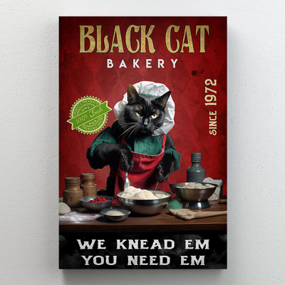 «Black Cat Bakery We Knead Em Cat In Red Tablier», art mural - décoration de salon, de chambre à coucher ou de bureau