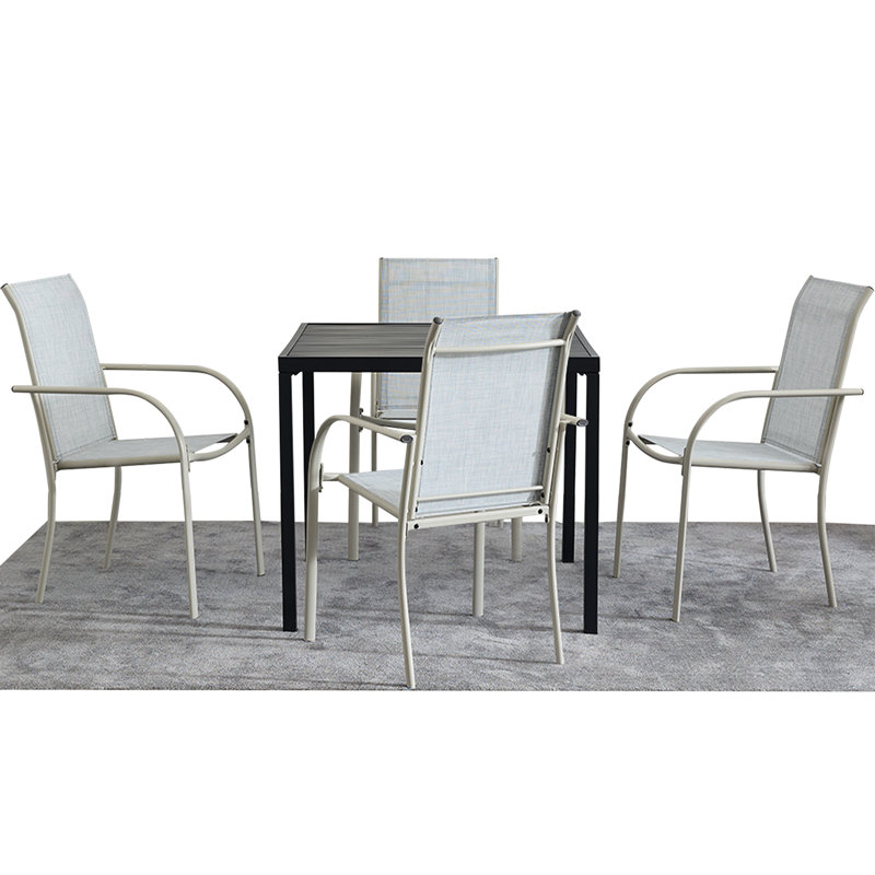 5-Piece Outdoor Dining Set, 35.5" Square Metal Patio Table With 4 Beige Chairs, Black Table With Umbrella Hole For Garden, Yard, Patio