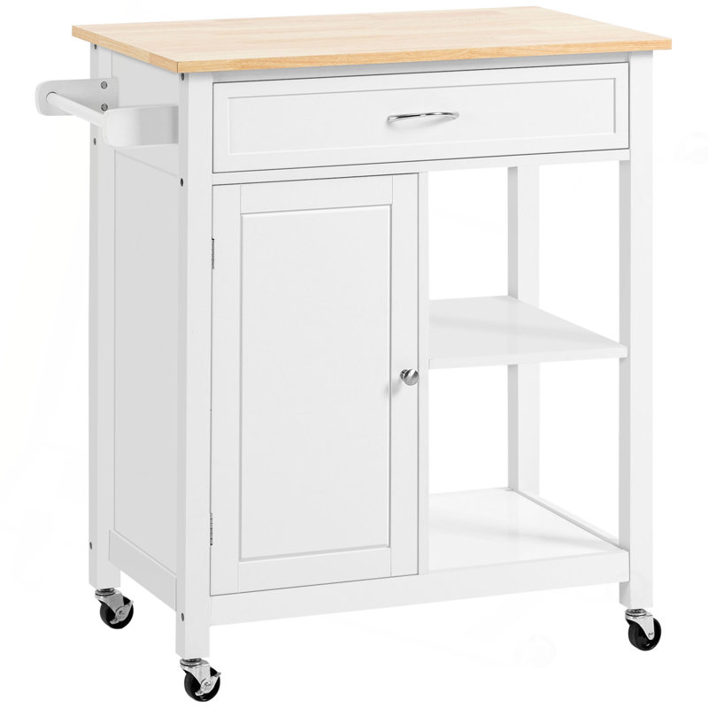Chariot pour îlot de cuisine, îlot de cuisine avec rangement, plateau en bois massif, tiroir, pour la salle à manger