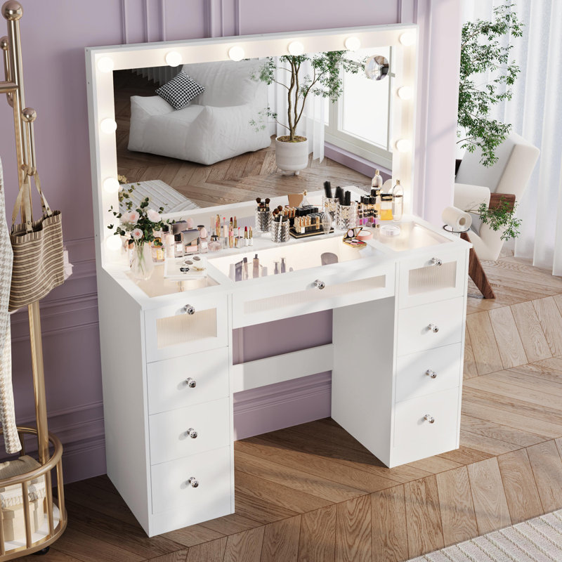 IFSEB Makeup Vanity Desk with LED Lights and Large 36.9’’ Mirror, 9 Drawers Vanity with Glass Top & 3 Color Hollywood Bulbs, Make Up Vanity with Charging Station & Crystal Knobs for Woman, White