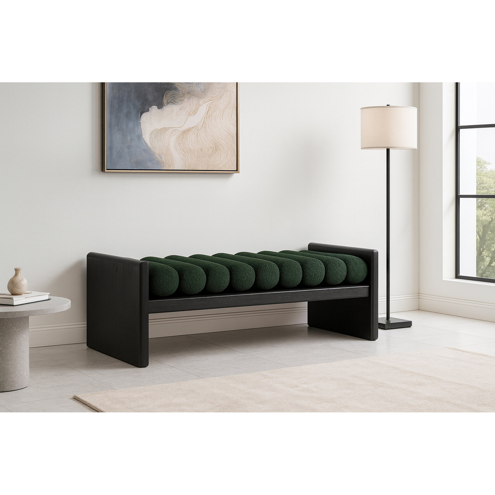 Reeves Boucle Wood Bench, Green Boucle Fabric / Black Finish, 18" H x 52" W x 19" D