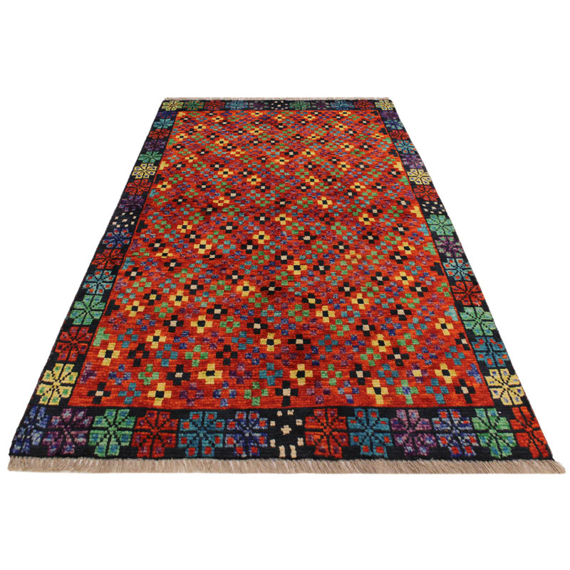 Tapis géométrique mauve / orange / vert en laine noué à la main à motif géométrique 3 pi 4 po x 4 pi 9 po Laudalino