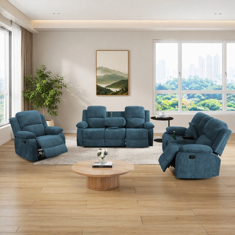 Ensemble de salon inclinable 3 pièces bleu avec causeuse console, porte-gobelets, rangement et table basse rabattable
